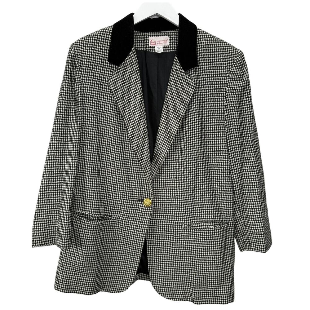 Vintage Block Island Houndstooth Blazer Size 14 Petite Velvet Collar One Button